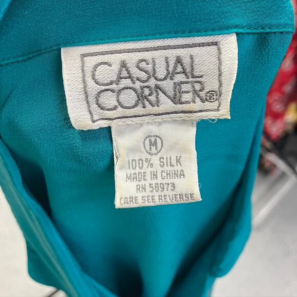 Vintage 80's Casual Corner 100% Silk Teal Button Up Short Sleeve blouse Womens M - Picture 12 of 16